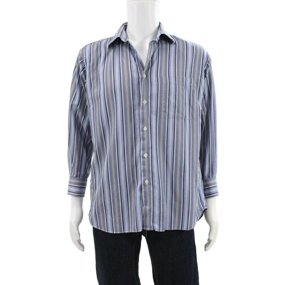 Ike Behar Mens Striped Cotton Collar Long Sleeve Button Down Shirt Blue Sz 15.5